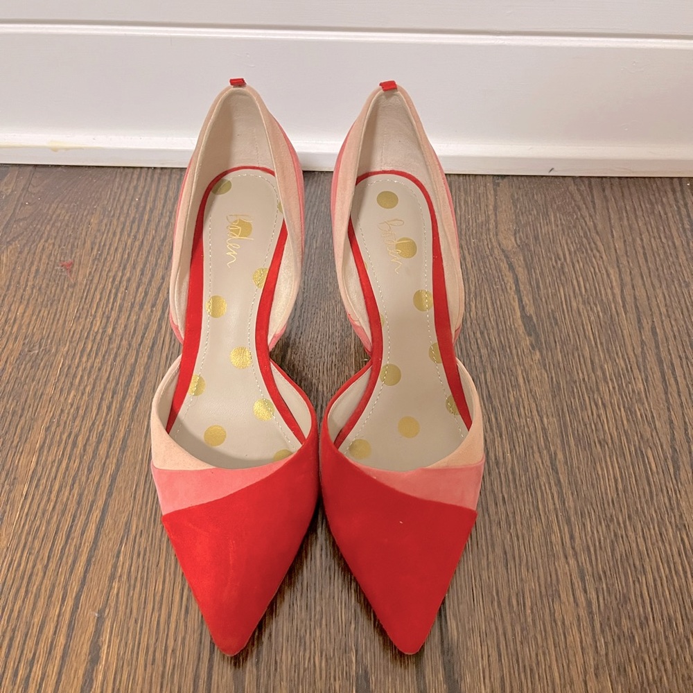 Lovely “Henrietta” kitten heels in red and pink suede, size 38